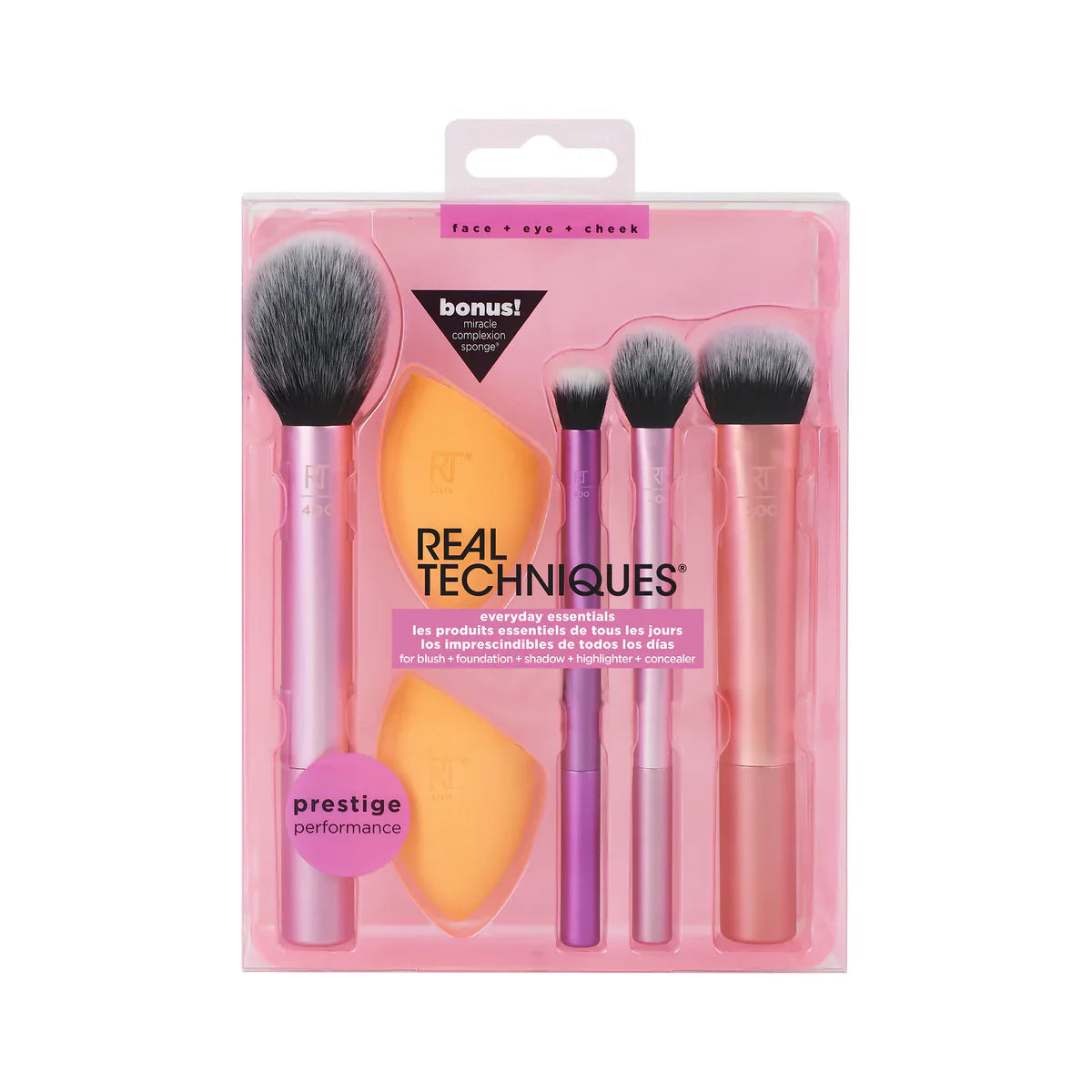 Real Techniques Everyday Essentials Makeup Brush Set with Bonus Miracle Complexion Sponge.