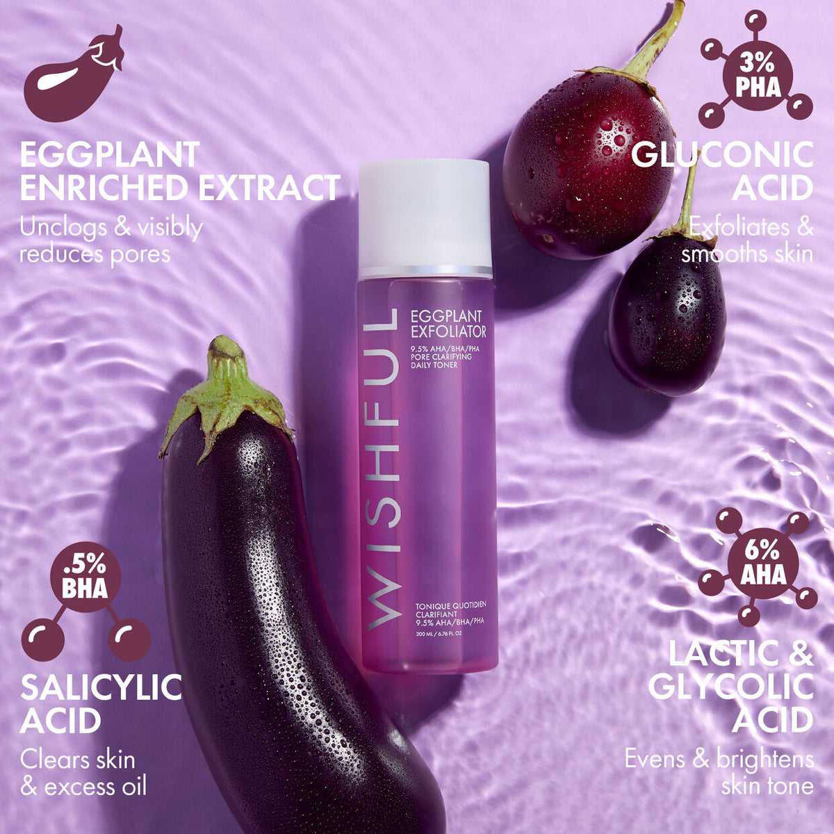 WISHFUL Eggplant Exfoliator: 9.5% AHA, BHA & PHA Pore Clarifying Daily Toner.